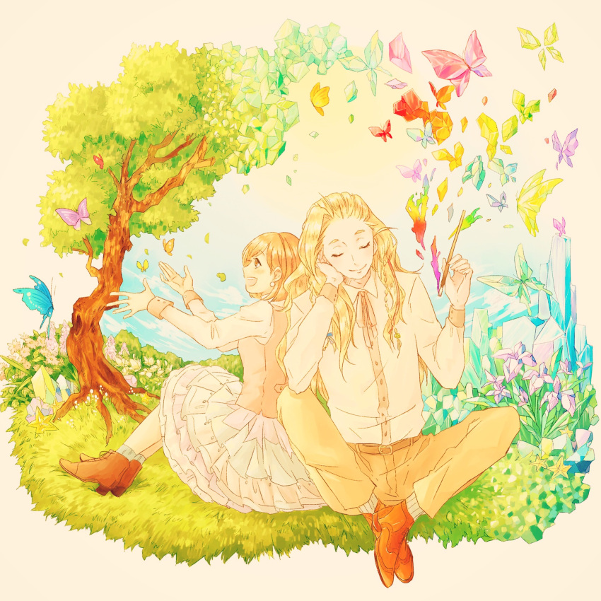 1boy 1girl blonde_hair blue_eyes blue_sky brown_shoes butterfly christopher_weatherfield closed_eyes crystal dress earrings elbow_on_knee facing_viewer grass hair_ornament hand_on_own_cheek hetero highres jewelry long_hair looking_to_the_side maru_come open_mouth outdoors paintbrush protagonist_(tokimemo_gs2) shoes sky tokimeki_memorial tokimeki_memorial_girl's_side tokimeki_memorial_girl's_side_2nd_kiss tree