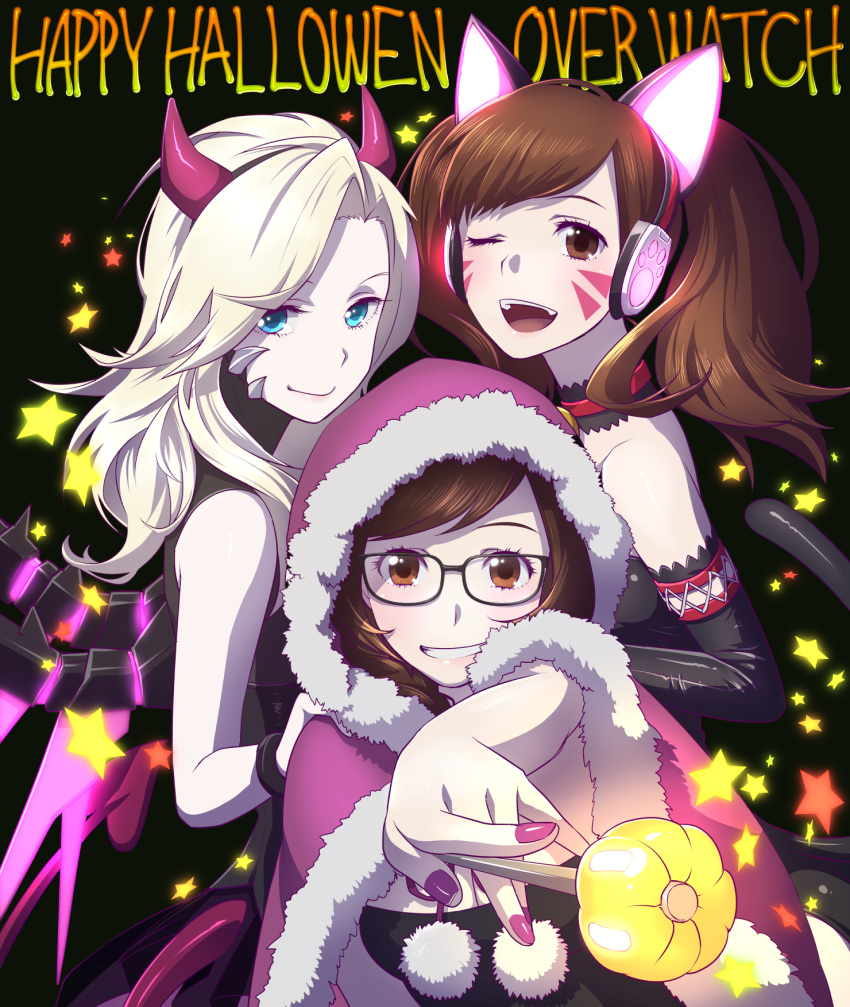 3girls :d ;d animal_ears bangs bare_shoulders bell bell_collar black-framed_eyewear black_background blonde_hair blue_eyes brown_eyes brown_hair cape cat_ears cat_tail choker cloak closed_mouth collar copyright_name d.va_(overwatch) demon_horns elbow_gloves eyelashes fake_animal_ears fingernails fur_cape fur_trim glasses gloves glowing glowing_wings grin happy_halloween headphones highres holding hood hooded_cloak horns jingle_bell kalua_(artist) looking_at_viewer mechanical_wings mei_(overwatch) mercy_(overwatch) multiple_girls nail_polish one_eye_closed open_mouth overwatch paw_print pink_lips pink_nails pom_pom_(clothes) purple_wings simple_background smile star stick swept_bangs tail teeth turtleneck upper_body wings