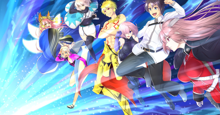 2boys 5girls fate/grand_order fate_(series) florence_nightingale_(fate/grand_order) fujimaru_ritsuka_(male) gilgamesh grin highres light_rays mash_kyrielight mordred_(fate)_(all) mordred_(swimsuit_rider)_(fate) multiple_boys multiple_girls okita_souji_(fate) okita_souji_(fate)_(all) open_mouth smile tamamo_(fate)_(all) tamamo_no_mae_(fate) weaponman