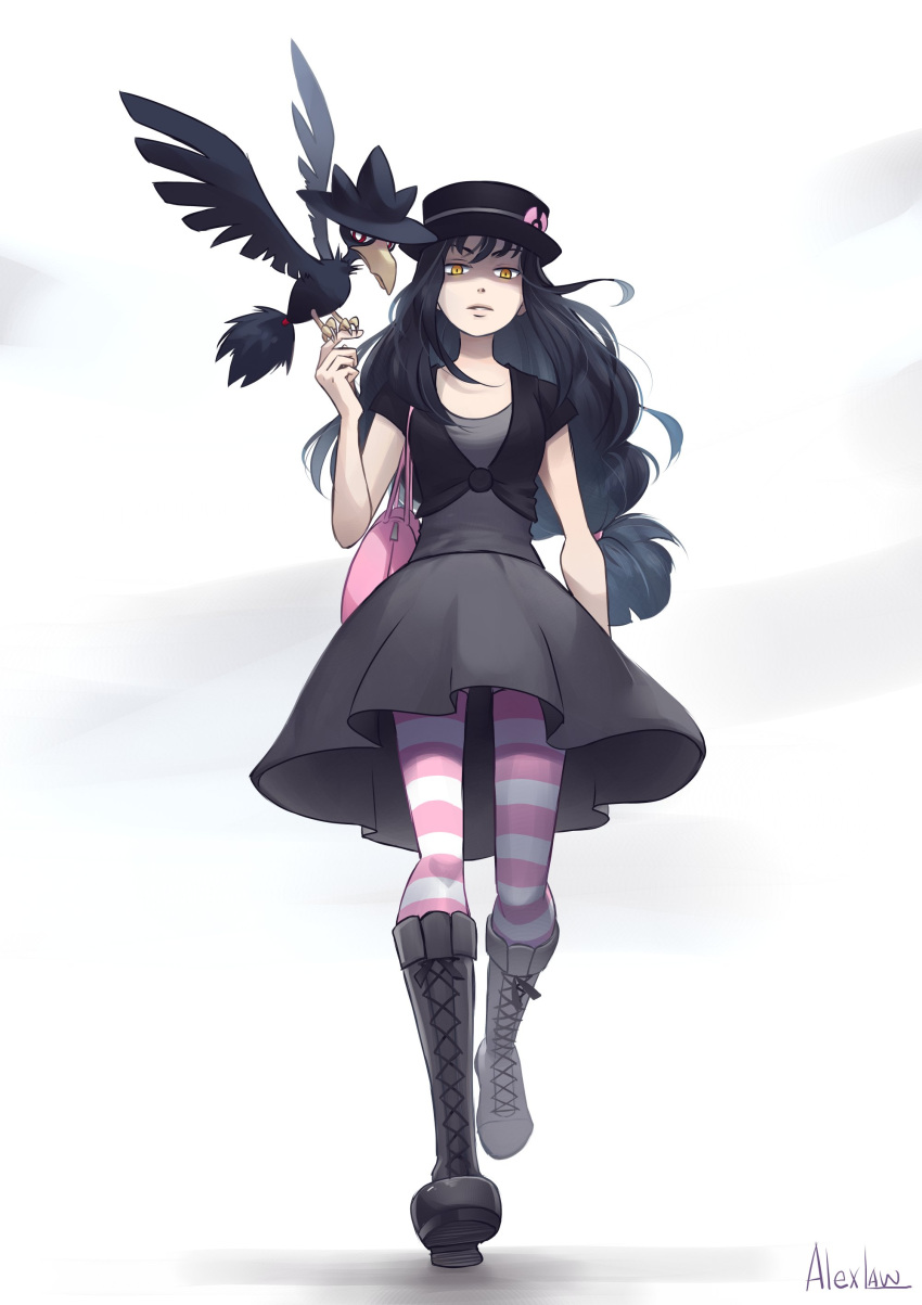 1girl absurdres alex_law bag bird black_hair boots handbag hat highres knee_boots long_hair low-tied_long_hair murkrow on_finger parted_lips pokemon pokemon_(creature) red_eyes serena_(pokemon) shaded_face shoulder_bag striped striped_legwear yellow_eyes