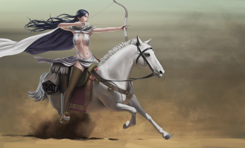1girl arrow arslan_senki artist_request black_hair bow_(weapon) breasts brown_eyes cape cleavage earrings falangies highres horse horseback_riding jewelry lipstick_mark long_hair navel outdoors quiver riding saddle sand solo stirrups thigh-highs weapon