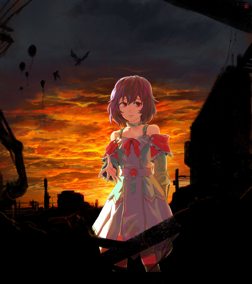 1girl absurdres balloon bangs bare_shoulders belt bird bow bowtie buttons choker closed_mouth clouds cloudy_sky collarbone debris detached_sleeves dress fingernails frills highres long_fingernails looking_at_viewer original purple_hair reaching reaching_out red_eyes sgb short_hair sky smile solo sunset upper_body