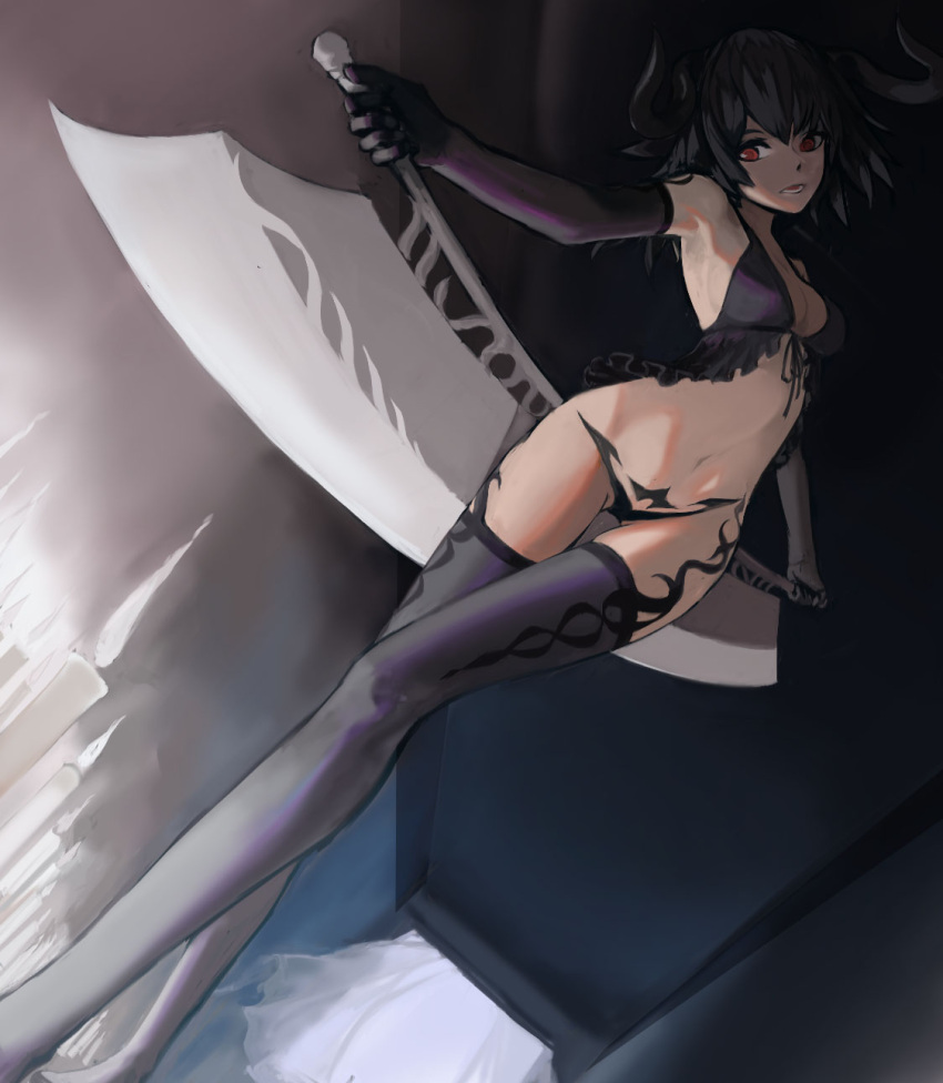 1girl bad_anatomy black_gloves black_hair breasts crossed_legs demon_girl demon_wings elbow_gloves gloves highres huge_weapon k-k lingerie maebari medium_breasts medium_hair navel original red_eyes solo thigh-highs thigh_gap underwear weapon wings