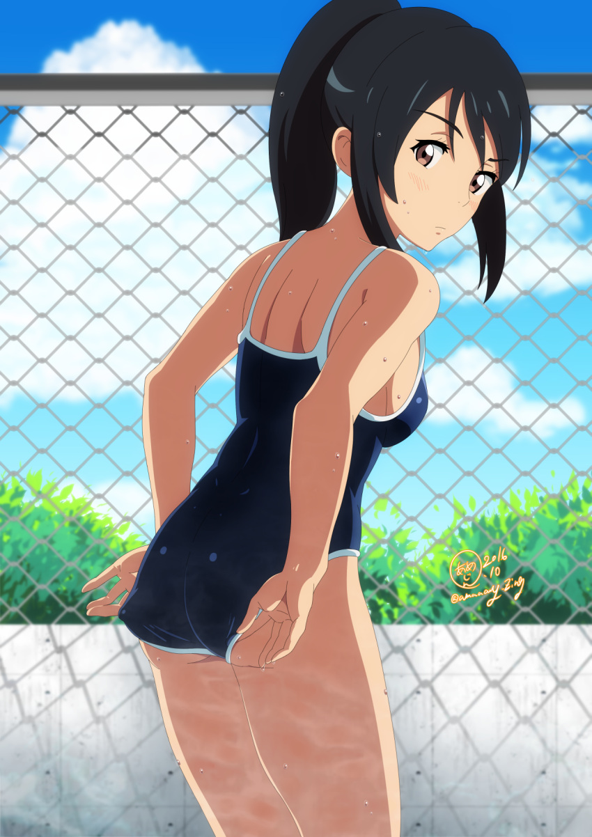 1girl adjusting_clothes adjusting_swimsuit black_hair brown_eyes chain-link_fence competition_school_swimsuit fence from_behind hair_ribbon highres k.ty_(amejin) kimi_no_na_wa looking_back miyamizu_mitsuha ponytail ribbon school_swimsuit short_hair swimsuit