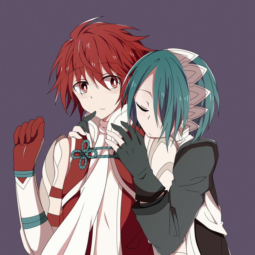 2girls absurdres blue_hair closed_eyes fire_emblem fire_emblem_if gloves hair_over_one_eye hairband highres hinoka_(fire_emblem_if) hug hug_from_behind multiple_girls partly_fingerless_gloves red_eyes redhead setsuna_(fire_emblem_if) shayuheisi short_hair simple_background upper_body