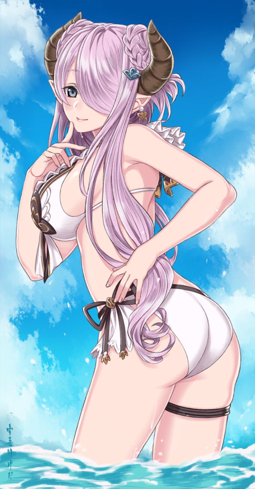 1girl alternate_hairstyle ass bikini blue_eyes blush braid breasts butterfly butterfly_earrings closed_mouth clouds day doraf double_bun earrings finger_to_cheek flat_ass granblue_fantasy hair_ornament hair_over_one_eye highres horns jewelry large_breasts long_hair looking_at_viewer looking_back narumeia_(granblue_fantasy) outdoors pearl pearl_earrings pointy_ears purple_hair side-tie_bikini sideboob smile solo sora_yoshitake_yuda swimsuit thigh_strap twin_braids wading water wet white_bikini