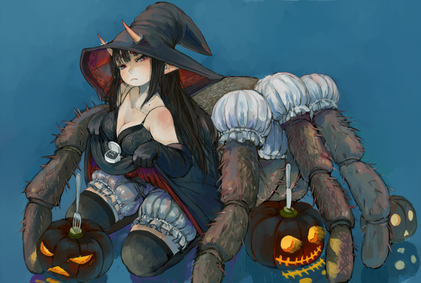 1girl black_dress black_gloves bloomers blue_background blush breasts cleavage closed_mouth collarbone detached_sleeves dress dress_lift ebimomo elbow_gloves fork frilled_sleeves frills frown full_body glint gloves halloween hat head_tilt insect_girl jack-o'-lantern jewelry knife looking_at_viewer medium_breasts oni oni_horns original pointy_ears reflection ring simple_background sitting sleeveless sleeveless_dress solo spider_girl thigh-highs underwear violet_eyes wedding_band white_legwear witch_hat