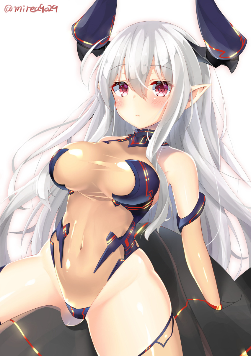 1girl absurdres bangs blush borrowed_character breasts colo_mag-chan eyebrows eyebrows_visible_through_hair granblue_fantasy hair_between_eyes highres horns large_breasts leotard long_hair looking_at_viewer pointy_ears red_eyes renka_(llawliet39) simple_background solo thigh-highs white_background white_hair