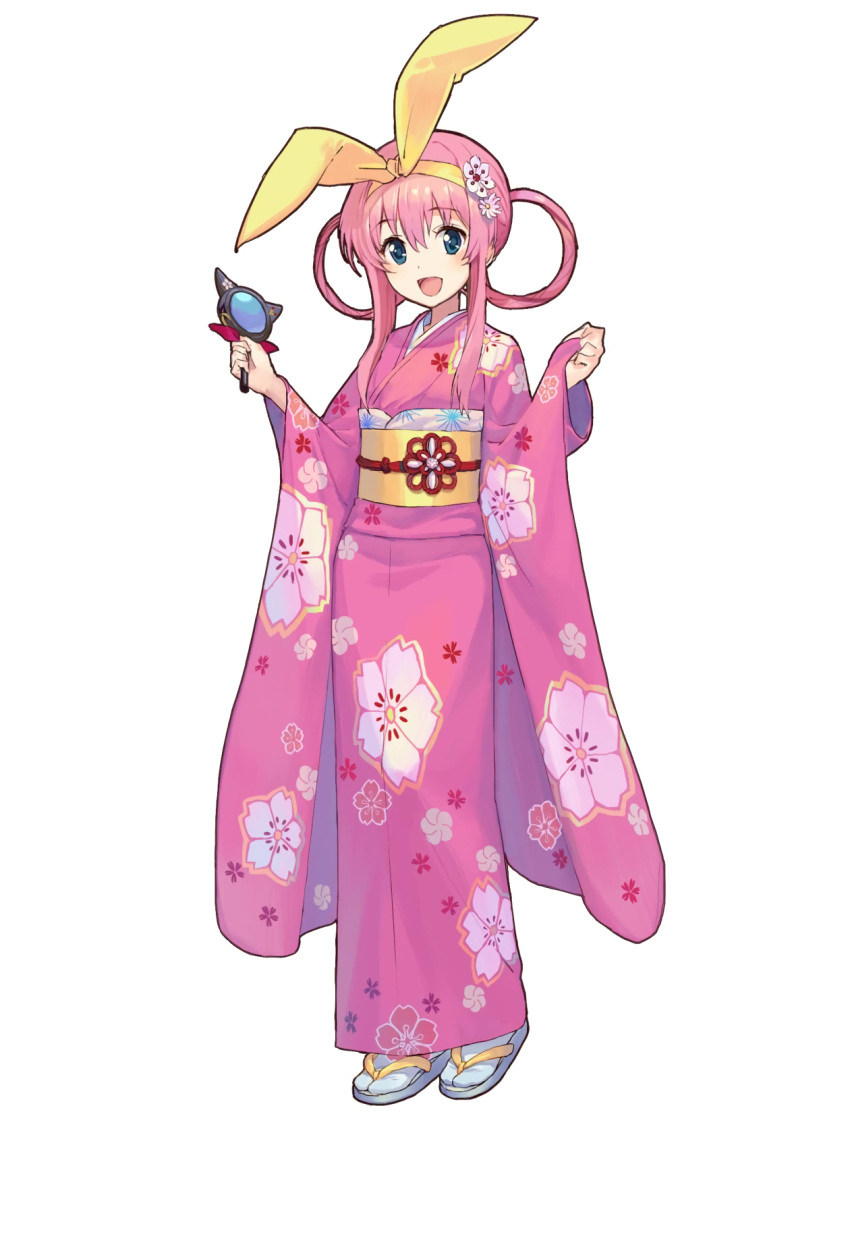 1girl aqua_eyes artist_request floral_print full_body furisode hair_over_shoulder hairband highres holding japanese_clothes kimono long_hair long_sleeves mizutoumi_(graphic_loops) obi official_art open_mouth pink_hair sash sherlock_shellingford simple_background solo tantei_opera_milky_holmes toys_drive white_background wide_sleeves