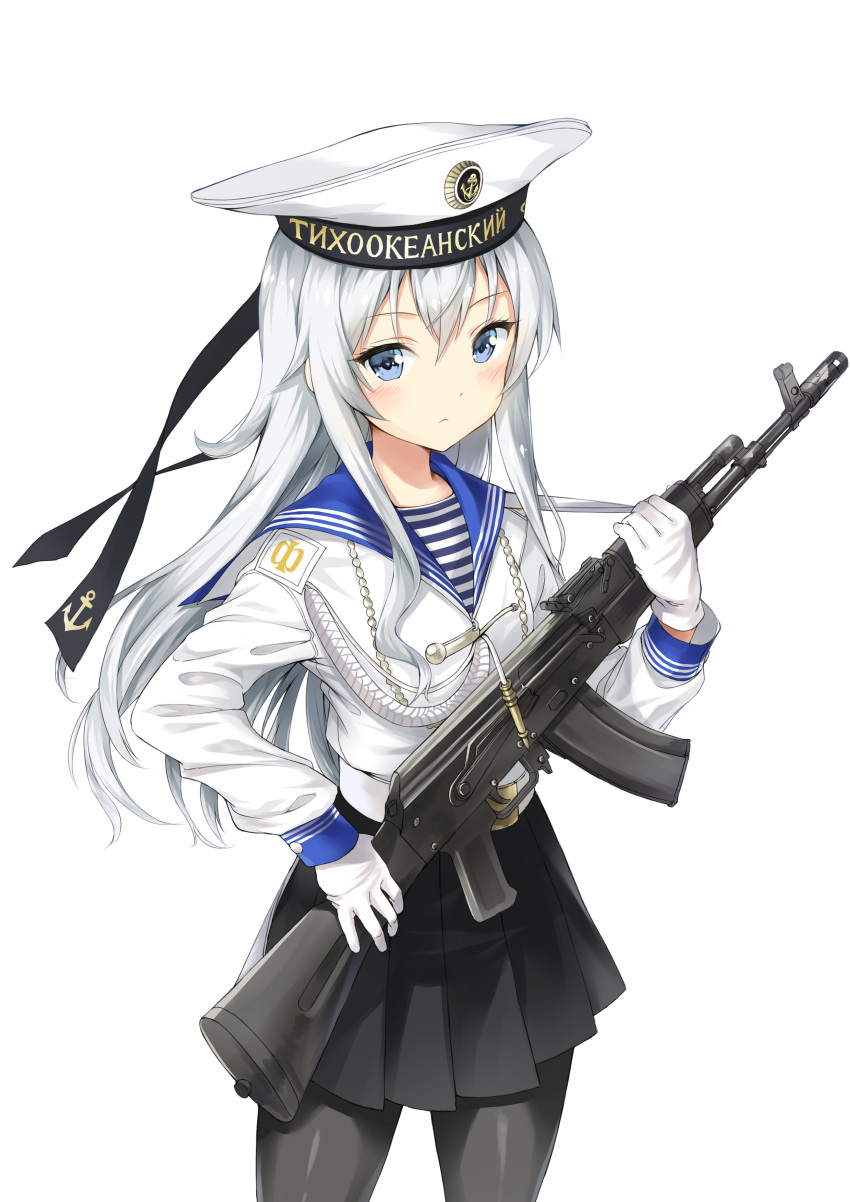 1girl absurdres ak-74 alternate_costume assault_rifle black_skirt blue_eyes clothes_writing eyebrows eyebrows_visible_through_hair gloves gun hair_between_eyes hat hibiki_(kantai_collection) highres holding holding_weapon kantai_collection long_hair long_sleeves looking_at_viewer military pantyhose phanc rifle russian russian_navy sailor shirt silver_hair simple_background skirt solo standing striped striped_shirt translation_request uniform upper_body verniy_(kantai_collection) weapon white_background white_gloves white_skirt