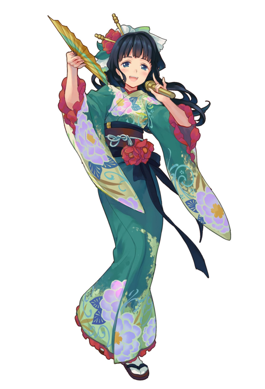 1girl aqua_eyes artist_request black_hair fan floral_print flower full_body furisode hair_ornament hairpin highres holding_hands japanese_clothes kimono long_hair long_sleeves microphone mizutoumi_(graphic_loops) off_shoulder official_art open_mouth sandals simple_background solo table toys_drive uryuu_yukie white_background wide_sleeves