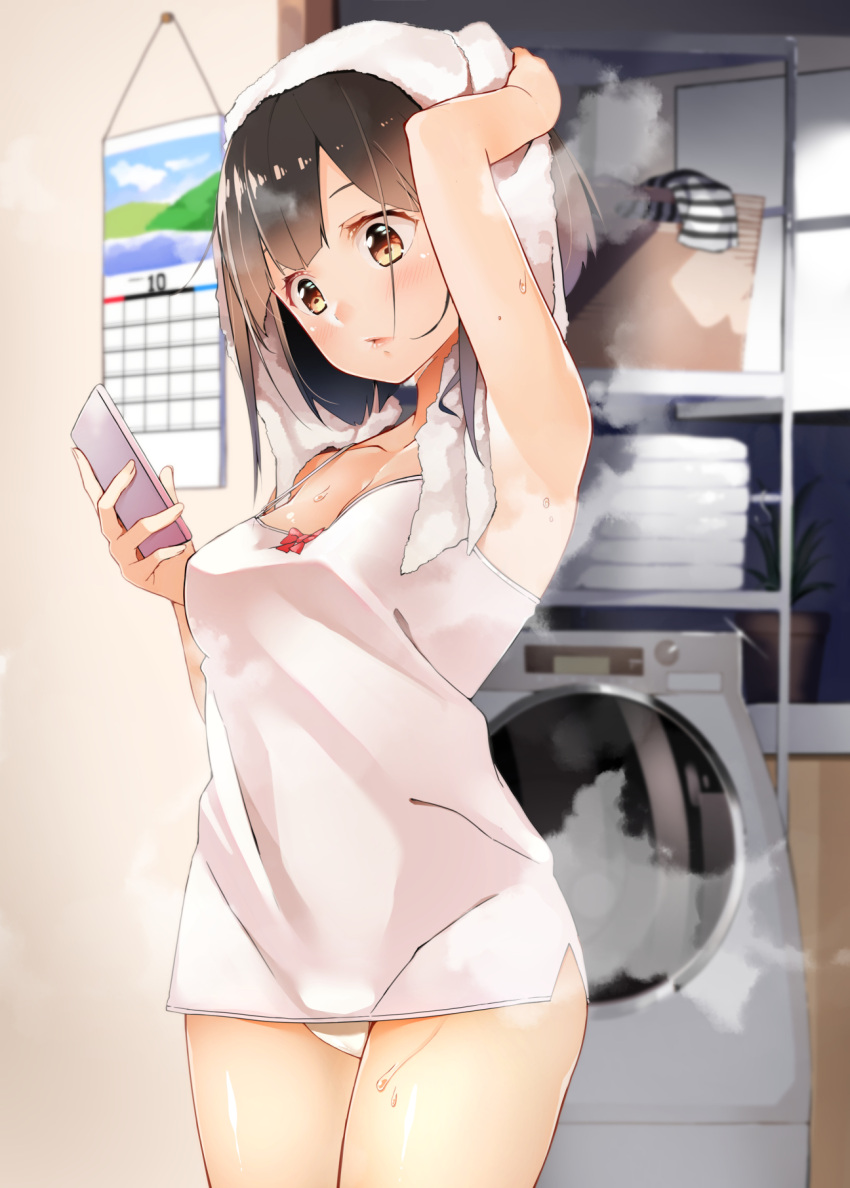 1girl arm_up armpits bangs bare_arms blush bow breasts brown_eyes brown_hair byte_(allbyte) calendar_(object) cellphone chemise collarbone commentary_request cowboy_shot drying_hair hand_on_own_head highres holding holding_phone indoors laundry_basket looking_at_phone medium_breasts original panties parted_bangs parted_lips phone plant potted_plant red_bow shiny shiny_hair smartphone solo standing steam towel towel_on_head underwear washing_machine wet white_panties