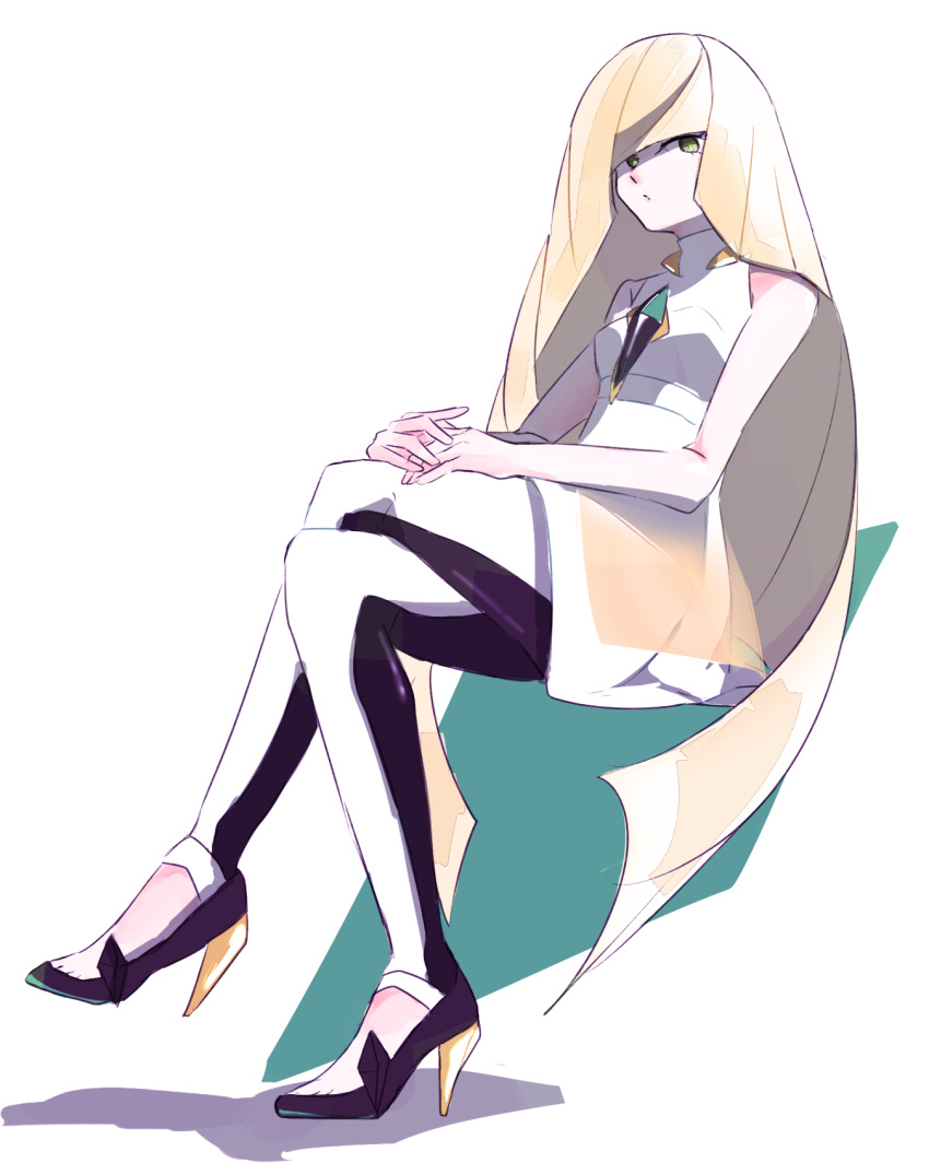 1girl blonde_hair crossed_legs diamond_(shape) dress green_eyes high_heels highres long_hair lusamine_(pokemon) pants pants_under_dress pokemon pokemon_(game) pokemon_sm sleeveless sleeveless_dress solo stiletto_heels unikki very_long_hair white_dress