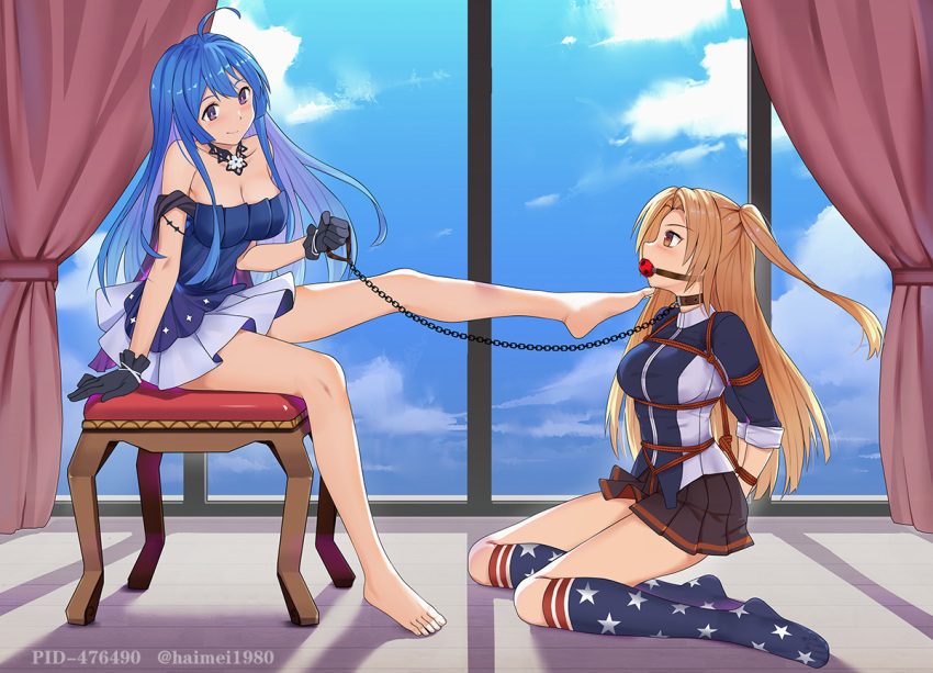 2girls american_flag_legwear arms_behind_back azur_lane ball_gag bare_legs bare_shoulders barefoot bdsm belt_collar black_gloves black_skirt blonde_hair blue_dress blue_eyes blue_hair blush bondage bound bound_arms breasts chain chin_stroking cleveland_(azur_lane) collar commentary_request crotch_rope day dress feet_up from_side full_body gag gloves gradient_hair haimei1980 hair_between_eyes helena_(azur_lane) helena_(may_i_have_this_dance?)_(azur_lane) holding holding_chain holding_leash indoors jacket kneehighs kneeling leash leg_up legs long_hair looking_at_another medium_breasts miniskirt multicolored multicolored_clothes multicolored_dress multicolored_hair multiple_girls off-shoulder_dress off_shoulder pleated_skirt purple_hair shibari shibari_over_clothes side_ponytail sitting skirt sleeves_rolled_up smile star_(symbol) star_print strapless strapless_dress thighs two-tone_jacket very_long_hair violet_eyes white_dress yellow_eyes yuri