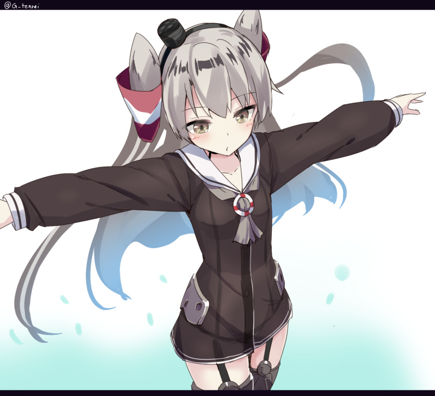 amatsukaze_(kantai_collection) blush brown_eyes grey_hair headdress kantai_collection long_hair personification seifuku