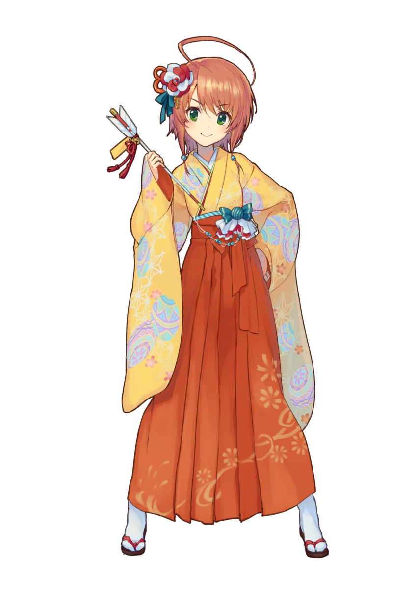 1girl ahoge arrow artist_request breasts contrapposto flower full_body furisode green_eyes hair_flower hair_ornament hakama highres holding japanese_clothes kimono long_sleeves looking_at_viewer meiji_schoolgirl_uniform mizutoumi_(graphic_loops) sandals short_hair simple_background smile solo source_request tabi tantei_opera_milky_holmes toys_drive white_background wide_sleeves yuzurizaki_nero