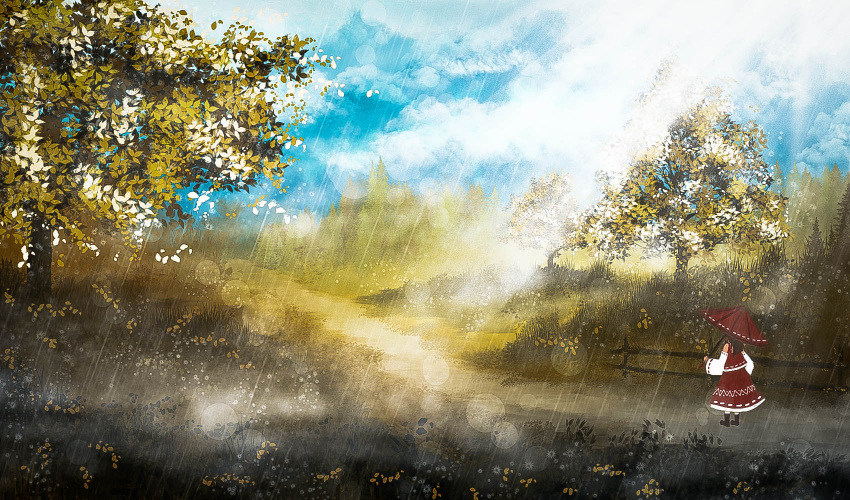 1girl adapted_costume akyuun ankle_boots black_hair blue_sky boots clouds detached_sleeves fence flower forest from_behind grass hair_tubes hakurei_reimu highres lens_flare light_rays nature oriental_umbrella rain road scenery sky solo sunbeam sunlight touhou tree umbrella