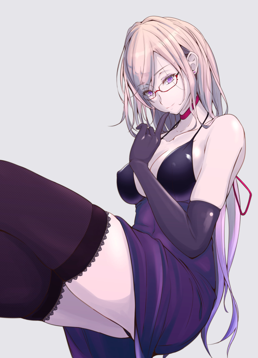 1girl akiyama_cz4a alternate_costume alternate_hair_color bangs bare_shoulders bespectacled blonde_hair breasts choker cleavage collarbone covered_nipples crossed_legs dress earrings elbow_gloves eyebrows eyebrows_visible_through_hair eyes_visible_through_hair finger_to_mouth glasses gloves gradient_hair grey_background hair_over_one_eye hair_ribbon half-closed_eyes highres jewelry lace lace-trimmed_thighhighs lips long_hair looking_at_viewer medium_breasts mole mole_under_eye multicolored_hair no_hat no_headwear panties pantyshot purple_dress purple_gloves purple_hair purple_legwear purple_panties red-framed_eyewear ribbon shiny shiny_cloths shiny_hair shiny_skin short_dress simple_background smile solo stud_earrings thigh-highs thighs touhou underwear very_long_hair violet_eyes yakumo_yukari