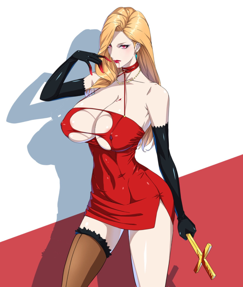 1girl artist_request blonde_hair breasts cleavage covered_nipples cross dress earrings elbow_gloves gloves highres huge_breasts jewelry necklace red_dress red_eyes white_skin