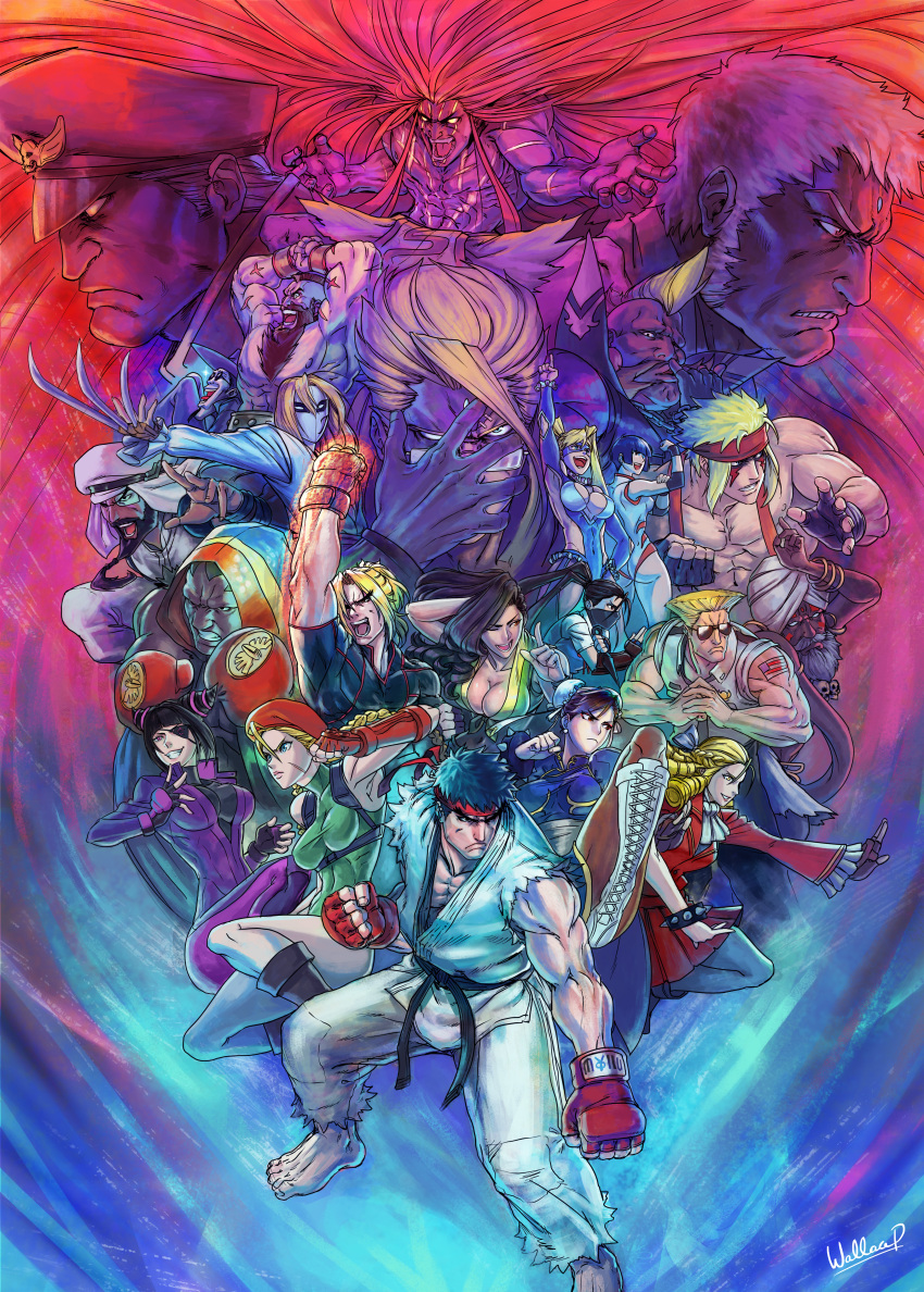 6+boys 6+girls absurdres alex_(street_fighter) balrog barefoot beard birdie_(street_fighter) boxing_gloves breasts cammy_white charlie_nash chest_hair chun-li claw_(weapon) cleavage dhalsim domino_mask dougi everyone f.a.n.g facial_hair fighting_stance flexing forehead_jewel glasses glowing glowing_eyes guile han_juri hat headband highres hood huge_filesize ibuki_(street_fighter) kanzuki_karin ken_masters laura_matsuda leotard looking_at_viewer m_bison mask multiple_boys multiple_girls muscle necalli pose rainbow_mika rashid_(street_fighter) ryuu_(street_fighter) scar shirtless street_fighter street_fighter_v sunglasses turban urien vega wallace_pires weapon wrestling_outfit wristband yamato_nadeshiko_(street_fighter) zangief