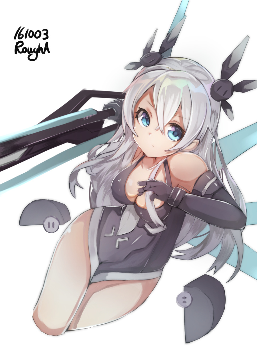 1girl absurdres bare_shoulders black_heart blue_eyes blush breasts cleavage hasat_mina highres long_hair looking_at_viewer neptune_(series) noire smile solo sword symbol-shaped_pupils very_long_hair weapon white_hair