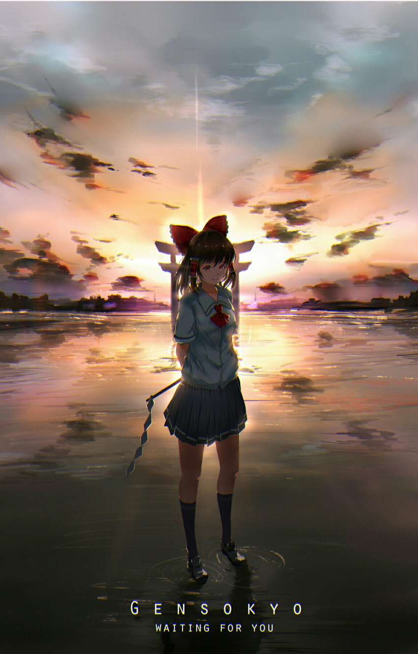 1girl arms_behind_back ascot backlighting bow clouds cloudy_sky commentary_request english full_body gohei grey_legwear grey_skirt hair_bow hair_tubes hakurei_reimu highres looking_at_viewer luomo pleated_skirt red_bow red_eyes ripples school_uniform shirt shoes sidelocks skirt sky solo standing standing_on_liquid sunset torii touhou water white_shirt