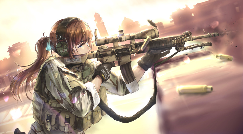 1girl blue_eyes brown_hair building camouflage city cityscape desert ear_protection gloves gun hair_ribbon headphones highres holding holding_weapon looking_to_the_side military military_uniform minaret mk12_spr original plate_carrier ponytail ribbon rifle rifle_cartridge rooftop scope solo strap tactical_clothes tantu_(tc1995) uniform weapon