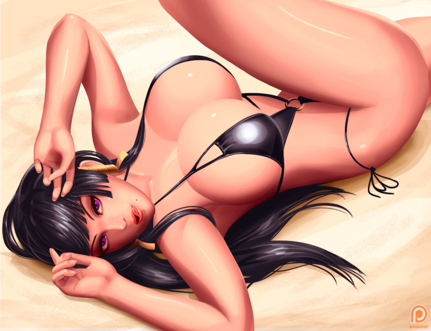 1girl bikini black_bikini black_hair breasts cleavage dead_or_alive dead_or_alive_5 from_side hands hime_cut large_breasts licking_lips long_hair looking_at_viewer looking_to_the_side lying mole mole_under_mouth naughty_face nyotengu o-ring_bikini on_back patreon sand shiny shiny_skin side-tie_bikini solo svoidist swimsuit thighs tongue tongue_out violet_eyes
