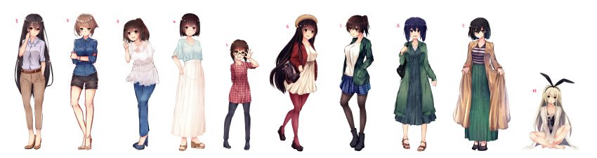 6+girls akagi_(kantai_collection) alternate_costume alternate_hair_color anchor_symbol arm_behind_back bag barefoot belt bespectacled black_hair black_legwear blonde_hair blue_hair blue_shoes blue_skirt blush boots breasts brown_eyes brown_hair buttons capri_pants collarbone commentary_request crossed_arms dress glasses green_eyes green_skirt hair_between_eyes hair_ribbon hairband hand_in_pocket hand_on_glasses hand_on_hip handbag hat high_heels highres hiryuu_(kantai_collection) hyuuga_(kantai_collection) ise_(kantai_collection) kaga_(kantai_collection) kakigouri kantai_collection large_breasts long_hair long_skirt long_sleeves looking_at_viewer medium_breasts multiple_girls mutsu_(kantai_collection) nagato_(kantai_collection) no_socks open_mouth pants ponytail red_eyes red_legwear ribbon sandals shimakaze_(kantai_collection) shoes short_dress short_hair short_sleeves shorts side_ponytail simple_background sitting skirt sleeves_folded_up sleeves_rolled_up souryuu_(kantai_collection) standing straight_hair tears twintails v very_long_hair white_background yukikaze_(kantai_collection)