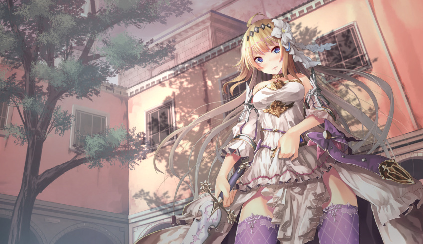 1girl ahoge arch arm_at_side armor bangs bare_shoulders blonde_hair blue_eyes blurry blush bow breasts brick_wall building closed_mouth cowboy_shot depth_of_field detached_sleeves dress flower frilled_dress frills from_below granblue_fantasy hair_flower hair_ornament hairband highres holding holding_sword holding_weapon jeanne_d'arc_(granblue_fantasy) jewelry legs_apart lily_(flower) long_hair looking_at_viewer looking_down necklace outdoors purple_bow purple_legwear saraki shingeki_no_bahamut skirt_hold sleeves_past_elbows small_breasts solo spaulders strapless strapless_dress sword tree tree_shade very_long_hair wall weapon white_dress white_flower wide_sleeves window
