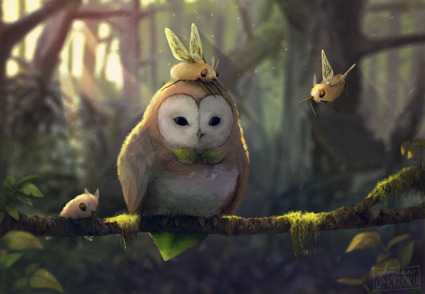artist_name backlighting bird black_eyes blurry closed_eyes collaboration cutiefly day depth_of_field full_body highres huge_filesize insect jungle krooku light_particles light_rays looking_at_viewer moss nature no_humans owl pokemon pokemon_(creature) pokemon_(game) pokemon_sm rowlet sunlight tree_branch yhoukka
