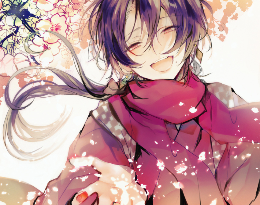 1boy earrings japanese_clothes jewelry kashuu_kiyomitsu long_hair male_focus mole mole_under_mouth open_mouth poni_(rito) ponytail purple_hair red_eyes red_scarf scarf smile touken_ranbu