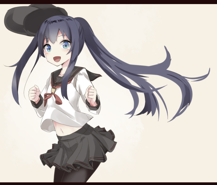 1girl :d akatsuki_(kantai_collection) alternate_hairstyle anchor_symbol bangs beige_background black_hat black_legwear black_skirt blue_eyes clenched_hands collarbone eyebrows eyebrows_visible_through_hair from_side hat hat_removed headwear_removed heavens_thunder_(byakuya-part2) kantai_collection letterboxed long_hair long_sleeves looking_at_viewer looking_to_the_side navel open_mouth pantyhose pleated_skirt ponytail remodel_(kantai_collection) school_uniform serafuku sidelocks simple_background skirt smile solo very_long_hair