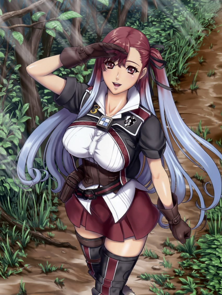 1girl belt blue_hair breasts corset eiwa forest framed_breasts gloves gradient_hair highres long_hair looking_at_viewer looking_up miniskirt multicolored_hair nature open_mouth pleated_skirt red_eyes redhead riela_marcellis senjou_no_valkyria senjou_no_valkyria_3 short_sleeves skirt smile solo thigh-highs very_long_hair zettai_ryouiki