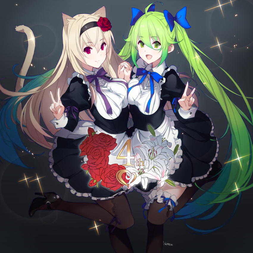 2girls animal_ears apron blonde_hair cat_tail character_request falkyrie_no_monshou flower green_eyes green_hair hair_flower hair_ornament hair_ribbon highres holding_hands kagetomo_midori maid multiple_girls red_eyes ribbon skirt tail thigh-highs twintails