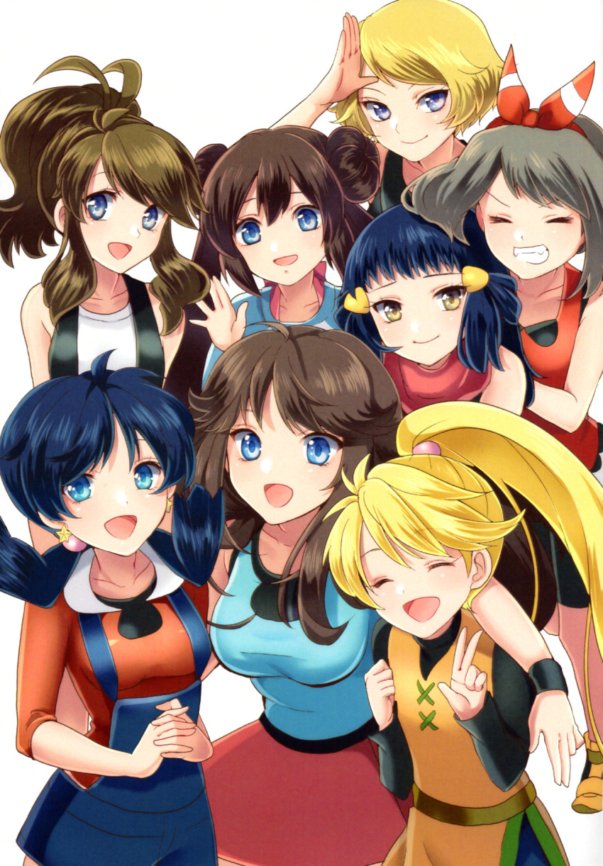 6+girls blue_(pokemon) crystal_(pokemon) grin highres mei_(pokemon) multiple_girls odamaki_sapphire platinum_berlitz pokemon pokemon_special salute serena_(pokemon) smile touko_(pokemon) yellow_(pokemon)