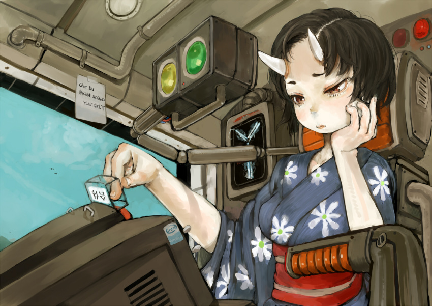 1girl back_to_the_future bird brown_eyes brown_hair buttons chin_rest closed_mouth cockpit collarbone ebimomo english floral_print flux_capacitor intel japanese_clothes kimono note obi oni oni_horns original sash short_hair sitting sky solo the_big_o translation_request