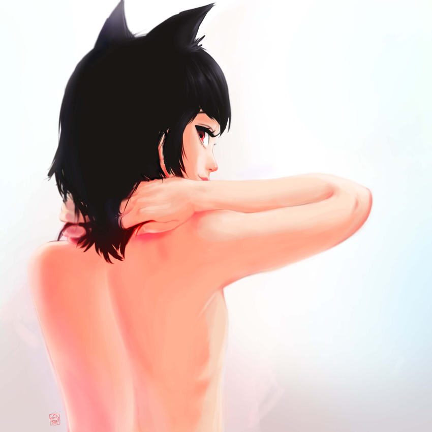 1girl absurdres animal_ears arms_behind_head back bare_back black_hair cat_ears closed_mouth eyelashes from_behind hands_up highres lips looking_at_viewer looking_back nose nude original pink_lips red_eyes sgb short_hair signature smile solo upper_body
