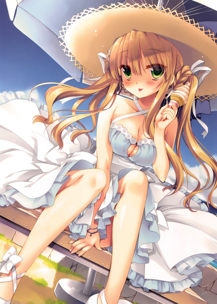 1girl absurdres between_legs blonde_hair bracelet breasts cleavage cleavage_cutout collarbone dress dutch_angle eyebrows eyebrows_visible_through_hair food green_eyes hand_between_legs highres holding ice_cream jewelry long_hair medium_breasts miyasu_risa original sitting solo sundress tongue tongue_out
