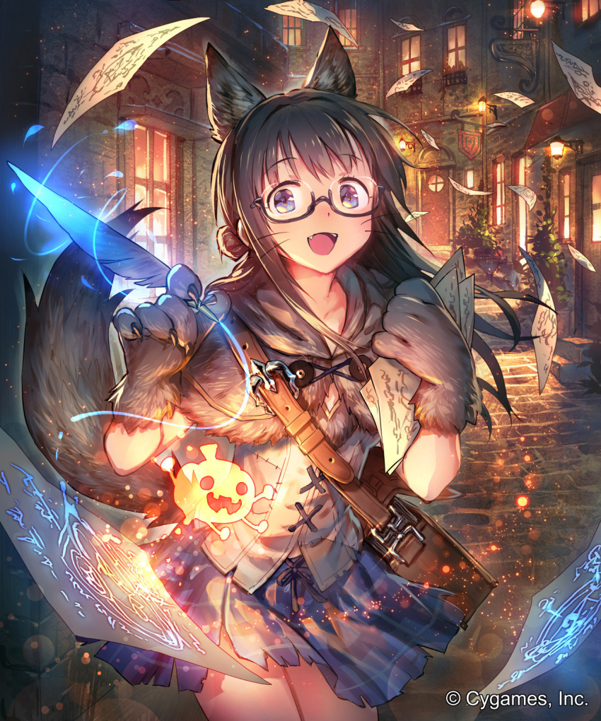 1girl :d animal_ears bag black-framed_eyewear blue_eyes blue_skirt brown_hair building capelet collarbone company_name door eyebrows eyebrows_visible_through_hair fangs flying_paper glasses highres holding_paper jack-o'-lantern light_particles long_hair night official_art okada_manabi open_mouth outdoors paper quill semi-rimless_glasses shingeki_no_bahamut sign skirt smile solo standing tail tiko_(shingeki_no_bahamut) torn_clothes torn_skirt under-rim_glasses watermark whiskers window wolf_ears wolf_paws wolf_tail