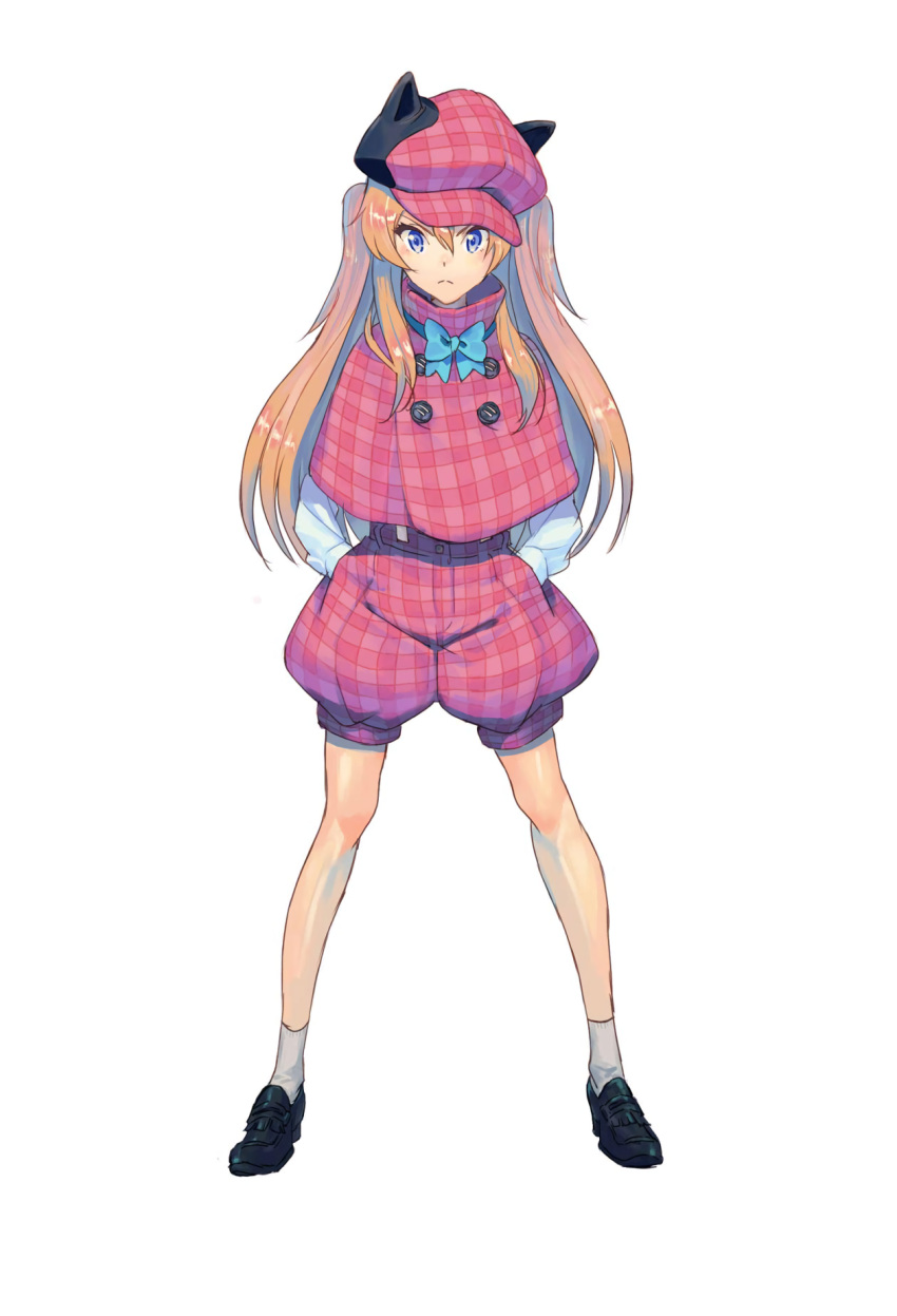 1girl bow brown_hair deerstalker full_body hat highres loafers long_hair long_sleeves looking_at_viewer official_art puffy_pants shoes simple_background solo toys_drive white_background wide_stance