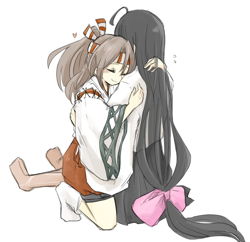 2girls ahoge black_hair blush bow brown_hair closed_eyes closed_mouth flying_sweatdrops full_body hair_between_eyes hair_bow hand_on_another's_back headband heart hibari_(horse809cat) highres hug japanese_clothes kantai_collection kneeling long_hair low-tied_long_hair multiple_girls pink_bow ponytail shouhou_(kantai_collection) simple_background sitting smile socks very_long_hair white_background white_legwear wide_sleeves zuihou_(kantai_collection)