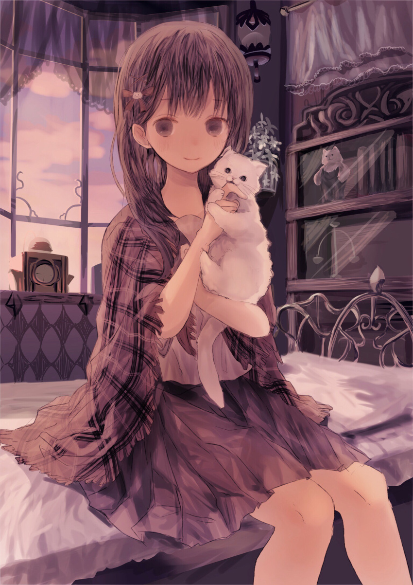 1girl bed biting biting_finger black_eyes blanket blush brown_hair cabinet cat clock closed_mouth clouds curtains eyebrows eyebrows_visible_through_hair fangs head_tilt highres holding indoors long_hair on_bed opopowa original plant potted_plant scales school_uniform serafuku shirt sitting skirt smile stuffed_animal stuffed_cat stuffed_toy window