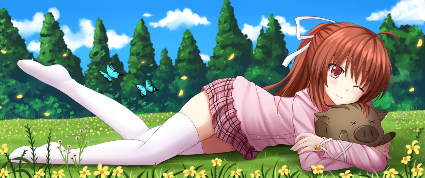 1girl animal bell blush boar botan bow brown_eyes brown_hair clannad clouds crossover day eyebrows eyebrows_visible_through_hair grass highres hug kazenokaze little_busters!! long_hair looking_at_viewer lying natsume_rin on_stomach one_eye_closed pig pink_bow plaid plaid_skirt ponytail ribbon skirt smile thigh-highs tree white_legwear zettai_ryouiki