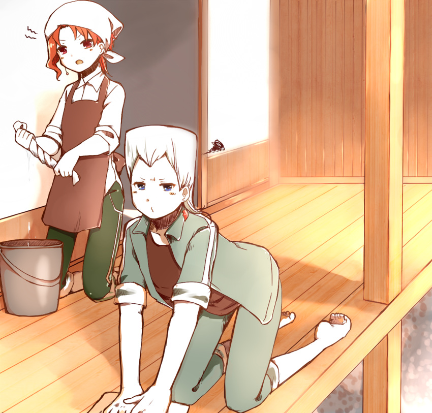 2boys apron bandana barefoot blue_eyes bucket cleaning earrings highres jean_pierre_polnareff jewelry jojo_no_kimyou_na_bouken kakyouin_noriaki kneeling male_focus multiple_boys open_mouth pout red_eyes redhead sleeves_rolled_up squiggle towel white_hair wringing yashiro_(tomapiro)