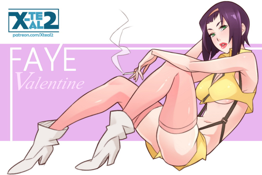1girl artist_name boots breasts character_name cigarette cleavage cowboy_bebop faye_valentine green_eyes hairband navel parted_lips purple_hair reclining short_hair short_shorts shorts sitting smoke smoking solo stomach suspenders under_boob watermark web_address x-teal2