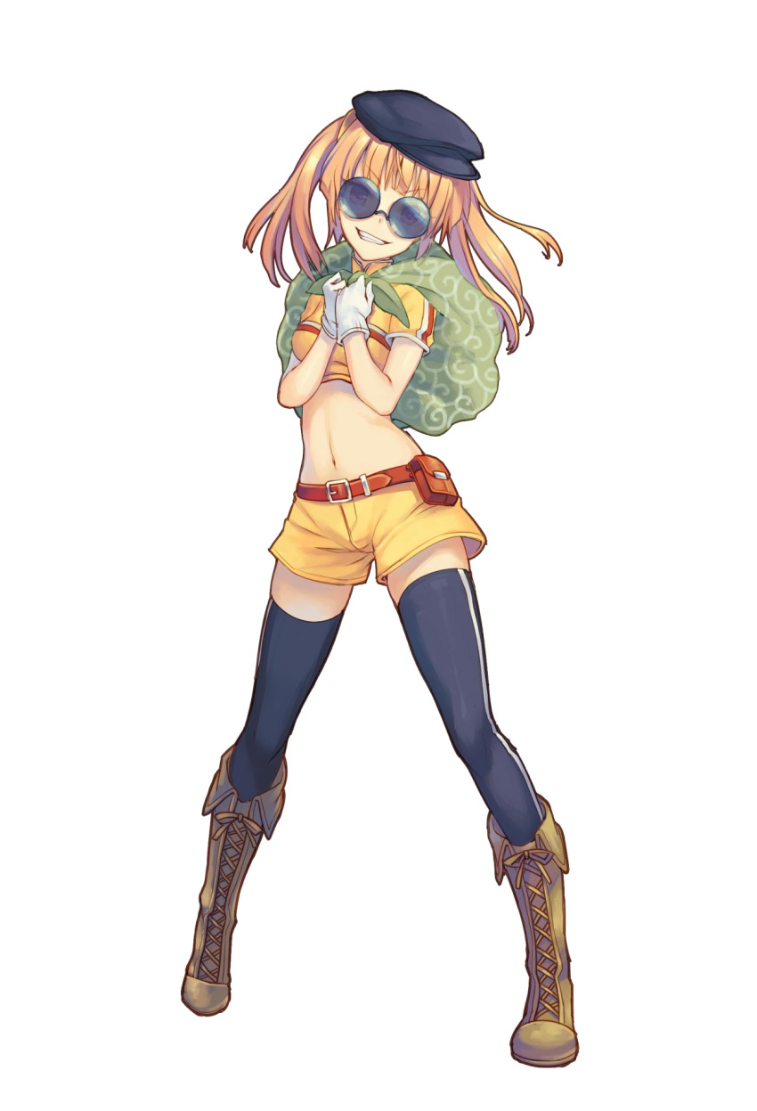 1girl black_legwear full_body glasses gloves grin hat highres kaitou_striker long_hair looking_at_viewer midriff mizutoumi_(graphic_loops) navel official_art round_glasses short_sleeves shorts simple_background smile solo sunglasses thigh-highs toys_drive twintails white_background white_gloves