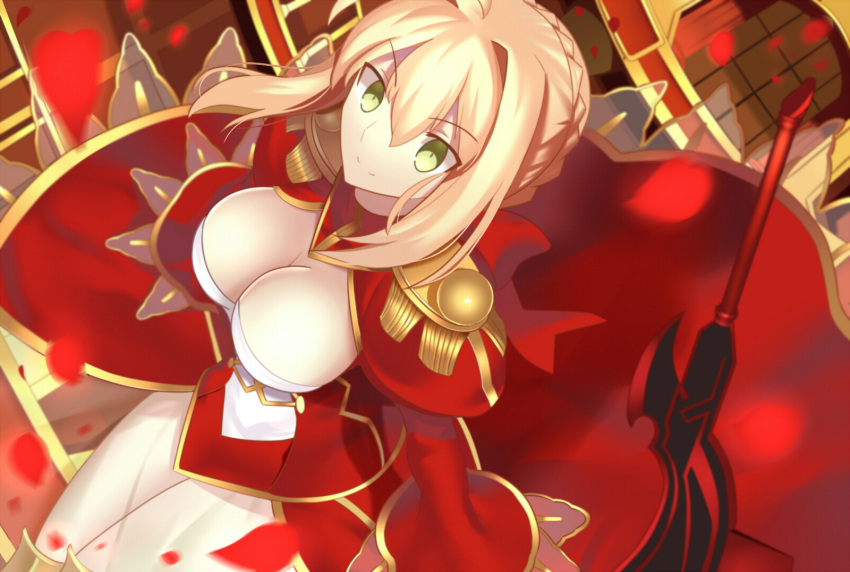 1girl braid breasts cleavage epaulettes fate/extra fate_(series) green_eyes hair_intakes highres looking_up paperfinger petals puffy_sleeves saber_extra see-through smile wide_sleeves