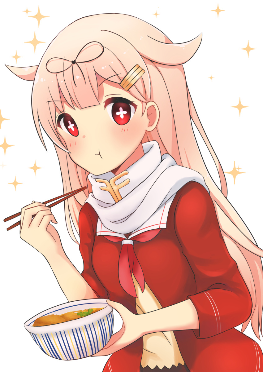 000_(jicasoe) 1girl :t absurdres alternate_costume bangs blonde_hair blunt_bangs blush chopsticks closed_mouth eating eyebrows eyebrows_visible_through_hair food food_bowl hair_flaps hair_ornament hair_ribbon hairclip highres holding_bowl jacket kantai_collection long_hair long_sleeves looking_at_viewer neckerchief open_clothes open_jacket red_eyes red_jacket remodel_(kantai_collection) ribbon scarf solo sparkle symbol-shaped_pupils tareme upper_body very_long_hair white_scarf yuudachi_(kantai_collection)