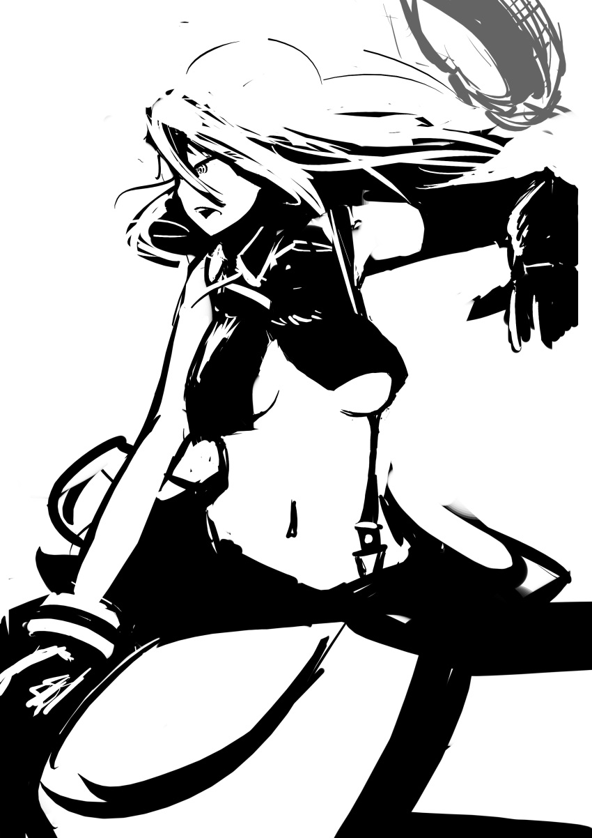 1girl absurdres alisa_ilinichina_amiella black_gloves blending breasts cabbie_hat cleavage gloves god_eater god_eater_burst hair_between_eyes hat hat_flying_off highres huge_weapon long_hair monochrome navel sate simple_background sketch solo suspenders under_boob weapon white_background